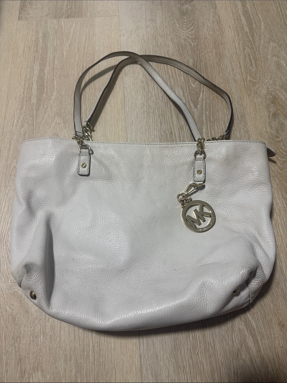 Michael Kors White Pebbled Leather Shoulder Tote with Gold Charm